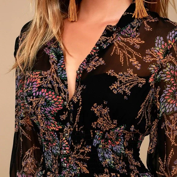 Free people Long sleeve black print Ruffled Tiered Dress size S - Picture 6 of 11